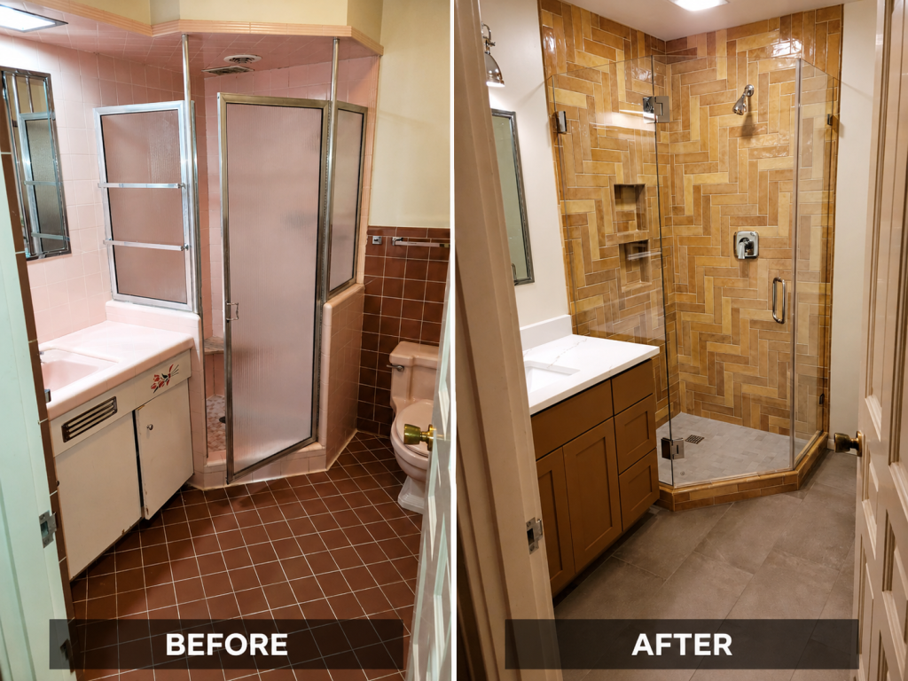 Before and after bathroom remodel with wood-look tile shower by Earth Smart Building and Remodeling