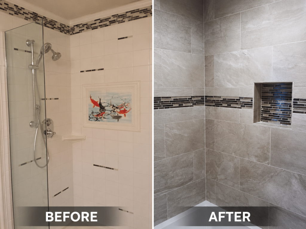 Before and after bathroom wall and tile update by Earth Smart Building and Remodeling