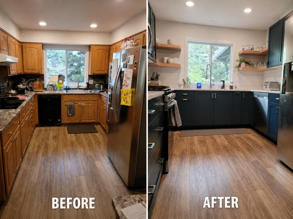 Before and after kitchen remodel with blue cabinets by Earth Smart Building and Remodeling