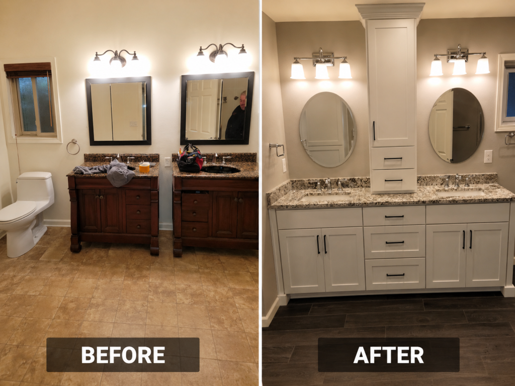 Before and after bathroom vanity and finish work by Earth Smart Building and Remodeling