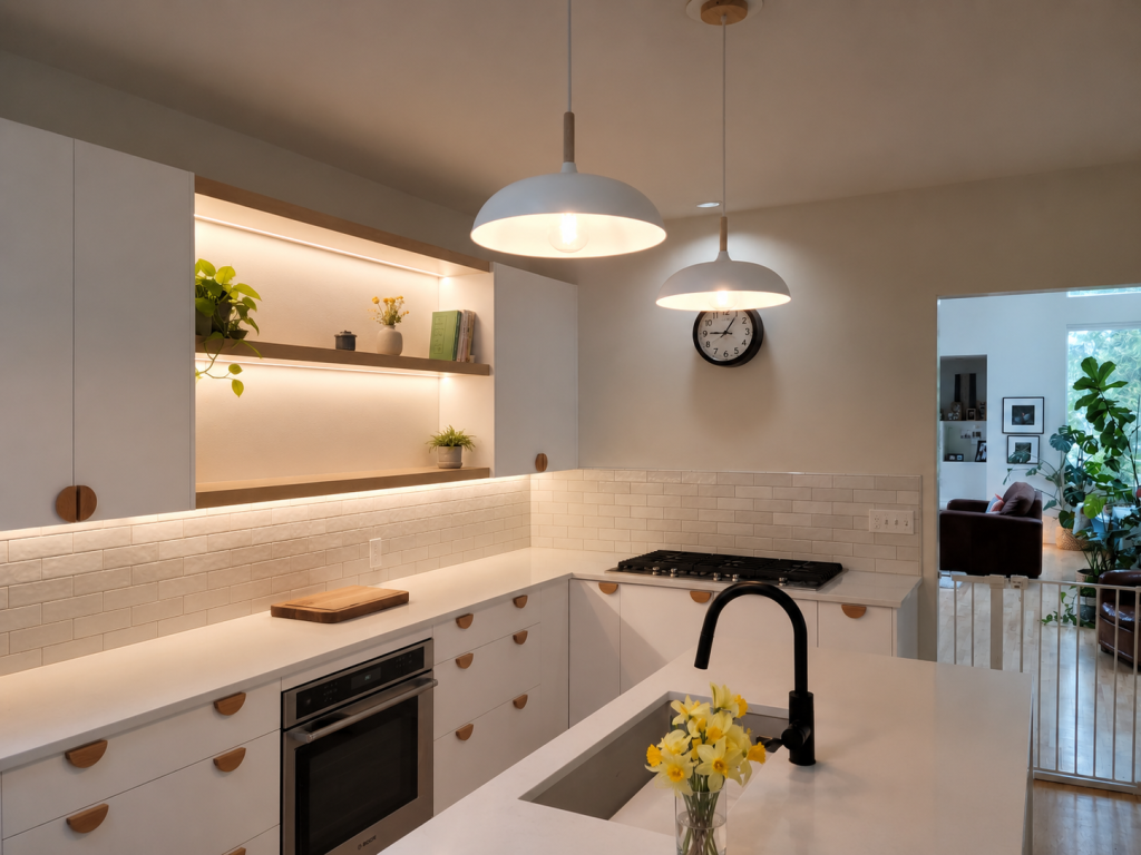 White kitchen remodel with pendant lights completed by Earth Smart Building and Remodeling